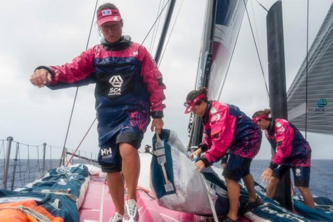 Team SCA - Stacking the sails when the wind drops - Volvo Ocean Race 2014-15 © Anna-Lena Elled/Team SCA